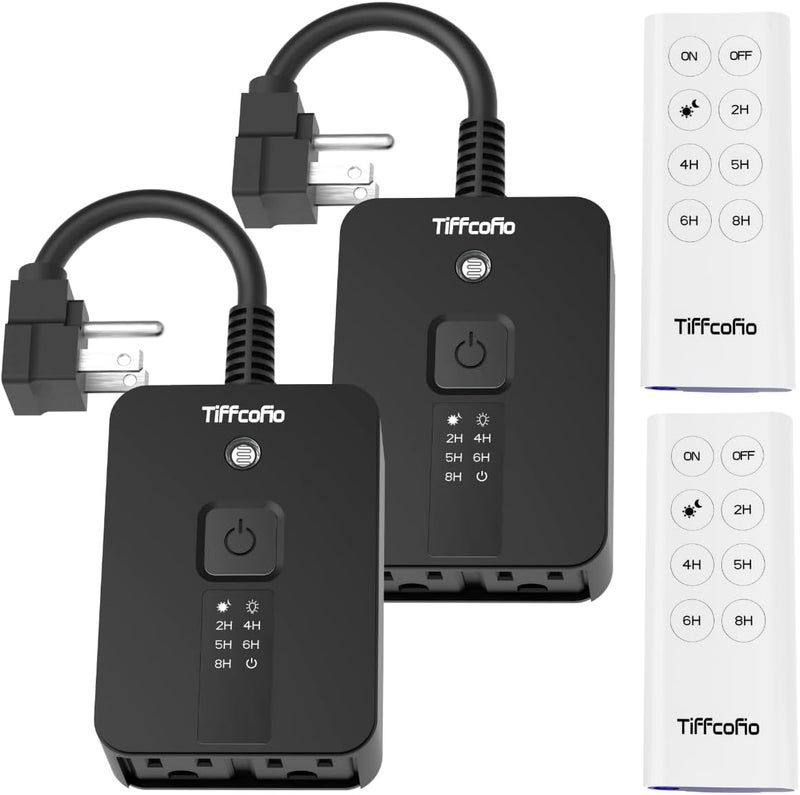 Tiffcofio Outdoor Timer Waterproof, Remote Control Dusk to Dawn Sensor Countdown, 100 ft Range, 2 Grouded Electrical Outlets for Home and Garden, 15A 1/2HP, Heavy Duty, ETL Listed (2 Packs) - Image 1